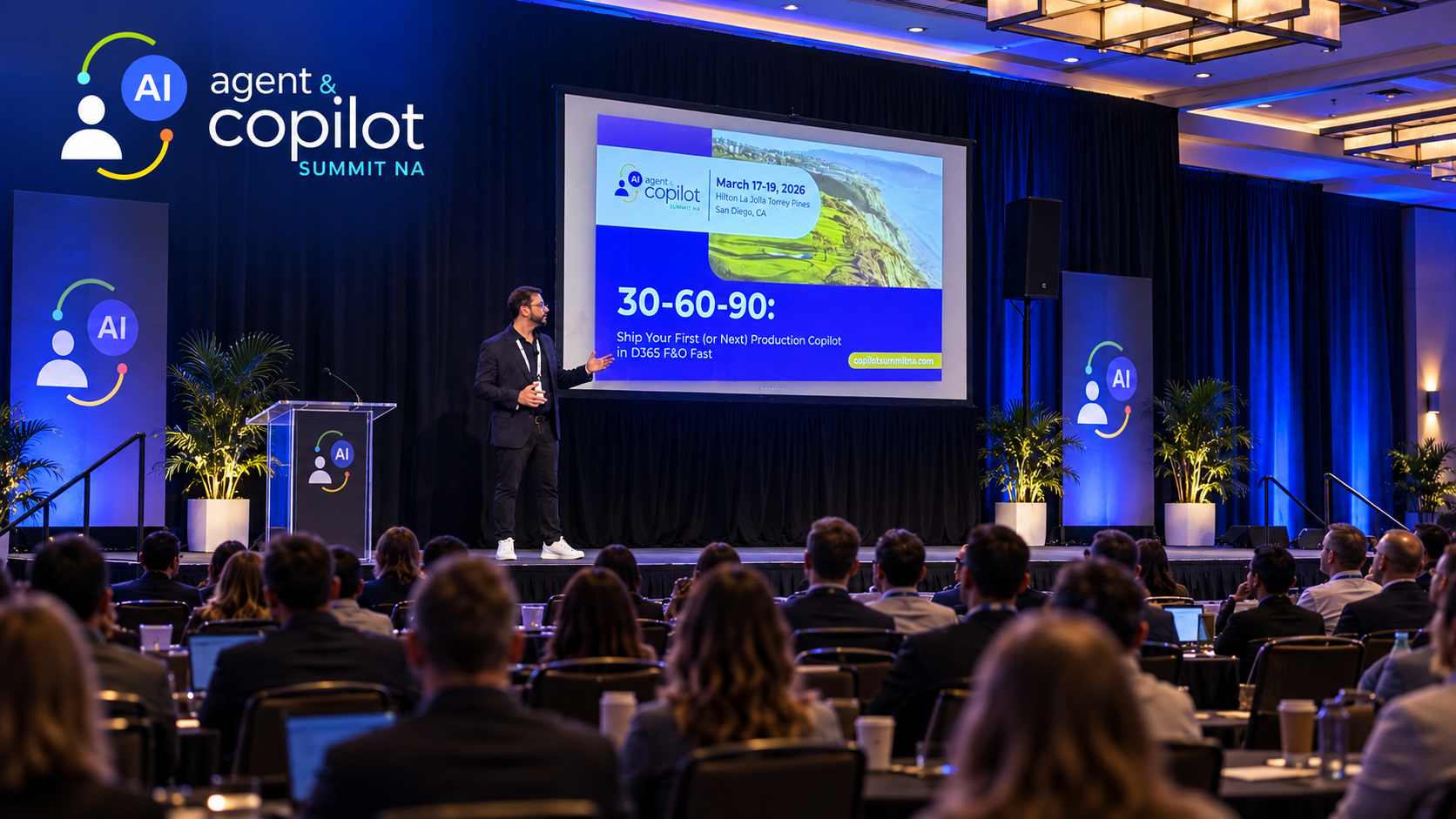 Diego Araujo presenting his production Copilot masterclass on stage at the AI Agent and Copilot Summit NA, with the audience in view
